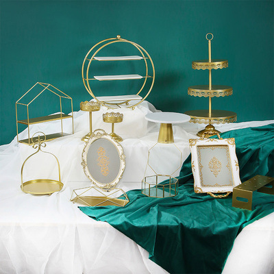 Tabla de postres de estilo europeo, estante de exhibición de bodas, banquete de bodas, estante de pastel, estante de té de la tarde, estante de golden snack set de 7 piezas