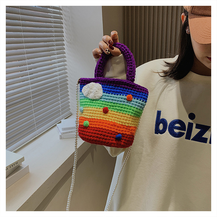 Women's Medium Plush Rainbow Stripe Cute Beading Weave Bucket Open Crossbody Bag display picture 18
