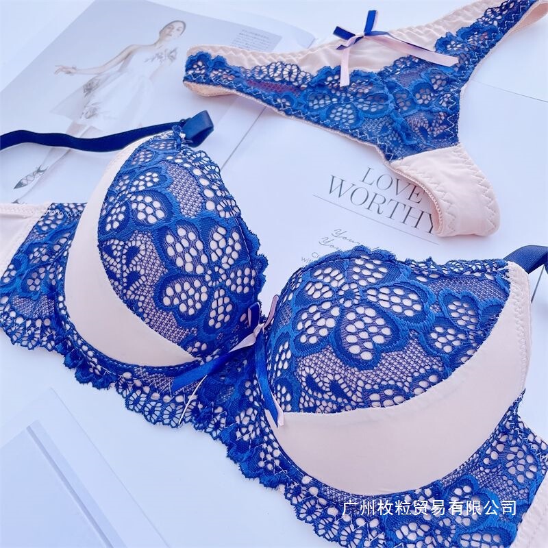 Sweet Color-Block Sexy Lace European and American Bra Set with Thin Cups, Push-Up, Adjustable Three-Row Buckle Underwear Bc