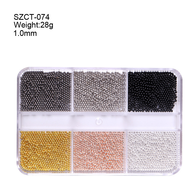 Accesorios de uñas transfronterizos al por mayor 6-grid nail aleación de acero cuentas oro plata tamaño mezclado decoraciones de uñas al por mayor