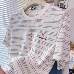 韓国風コントラストストライプウサギ刺繍ニット半袖Tシャツレディース夏ラウンドネック右肩ルーズスリムトップ薄手