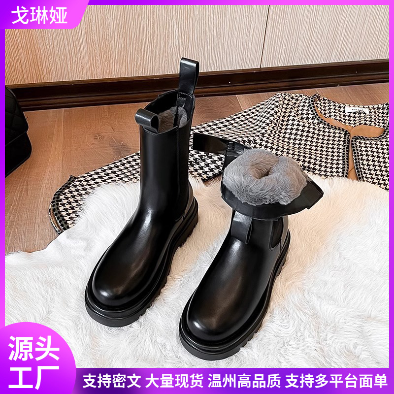Inner Heightening Mid-Calf Martin Boots Winter Thickened Velvet Chimney Chelsea Short Boots Warm Snow Boots Women's Thick Soles