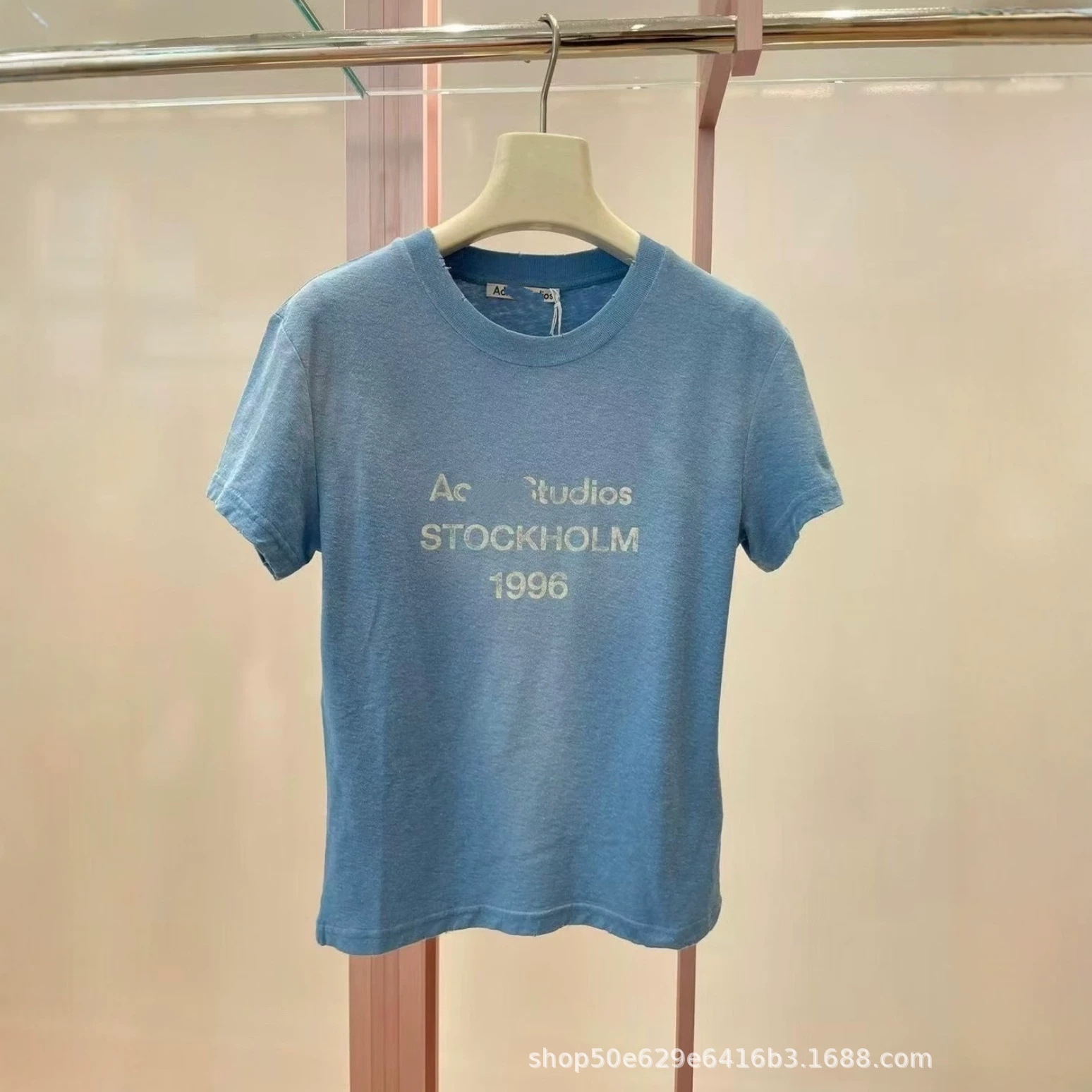 2026 New AC Letter Print Short-Sleeve T-Shirt Women's Loose Distressed Water Mist Blue Round Neck Straight Shoulder Cotton Linen Top