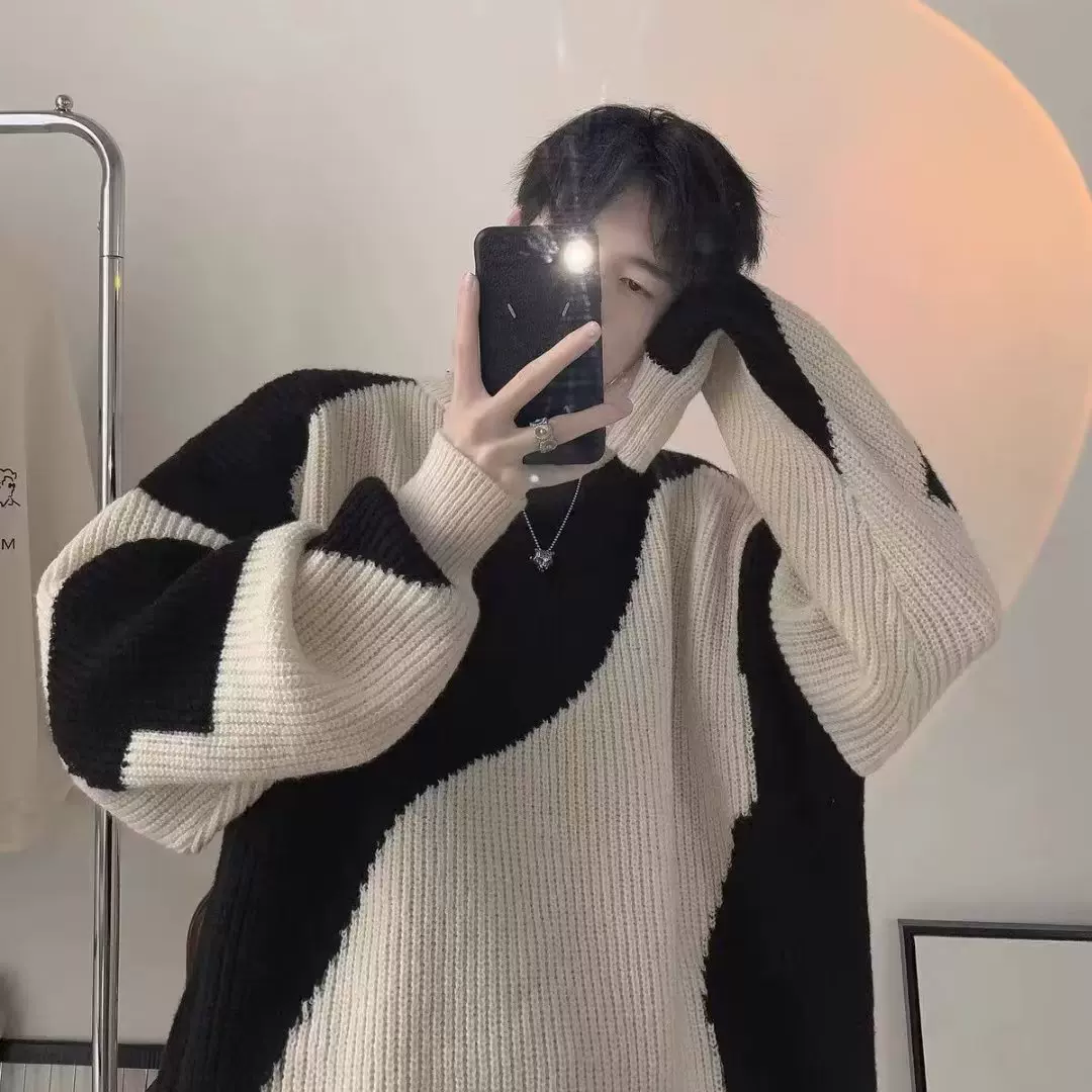 撞色套头毛衣男潮流设计感小众情侣线衣ins日系复古慵懒风针织衫