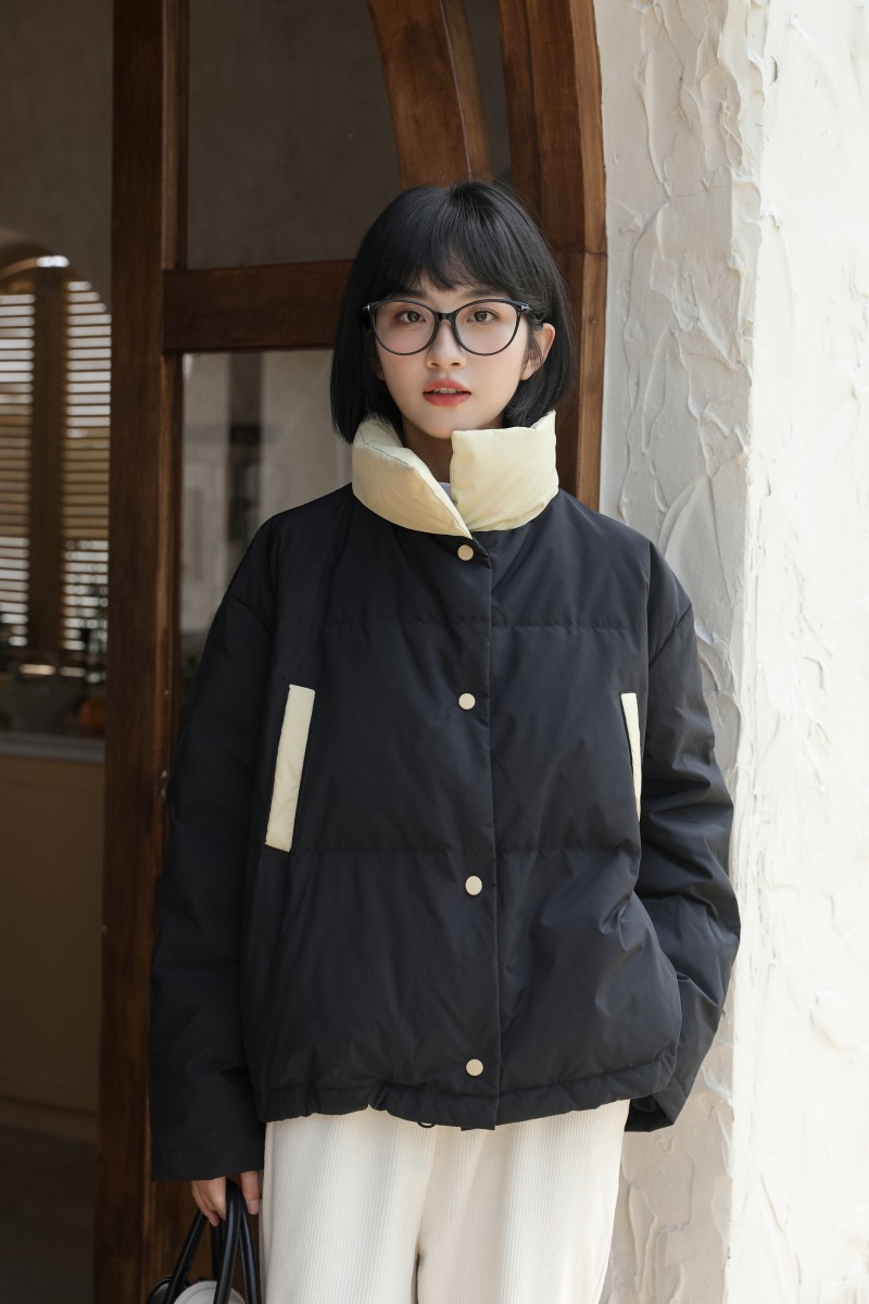 Down Jacket For Women Winter Korean Style Small White Duck Down Thickened Color Matching Stand Collar Design Cotton Jacket