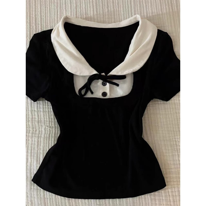 New Sweet Fake Two-piece Doll Collar Stitching Short-sleeved T-shirt Women's Summer Design Sense Slim-fit Slim-fit Short Top New Sweet Fake Two-piece Doll Collar Stitching Short-sleeved T-shirt Women's Summer Design Sense Slim-fit Slim-fit Short Top