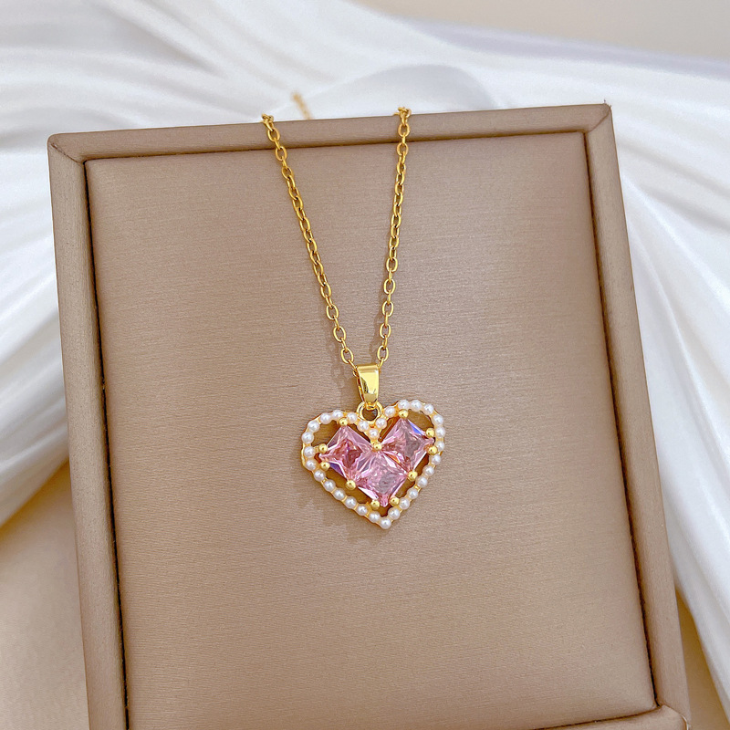 Wunderschöne Perlenherz Halskette Mit Diamanten Edelstahl Kette_voghion.com