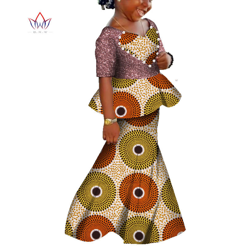 非洲女童印花高腰裙套装棉质亮片童装裙套装一件代发