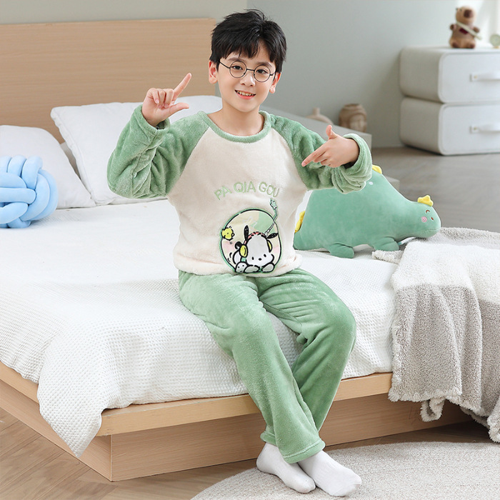 2025 invierno ropa infantil de franela dibujos animados cuello redondo pijamas de manga larga niñas chaqueta caliente set de ropa para el hogar supermercado