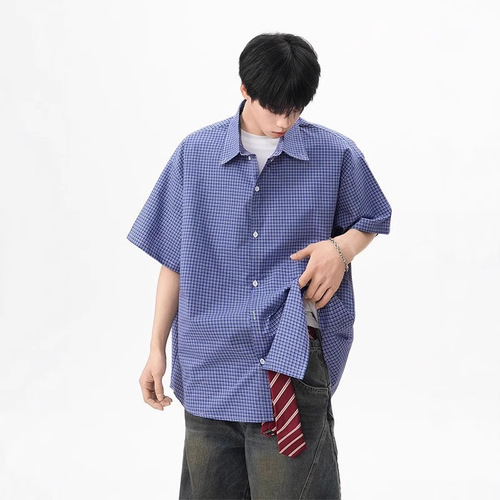 Japanese Retro Blue Grid Short-Sleeve Shirt for Men and Women, Summer City Boy Versatile Top, Loose Couple T-Shirt Jacket