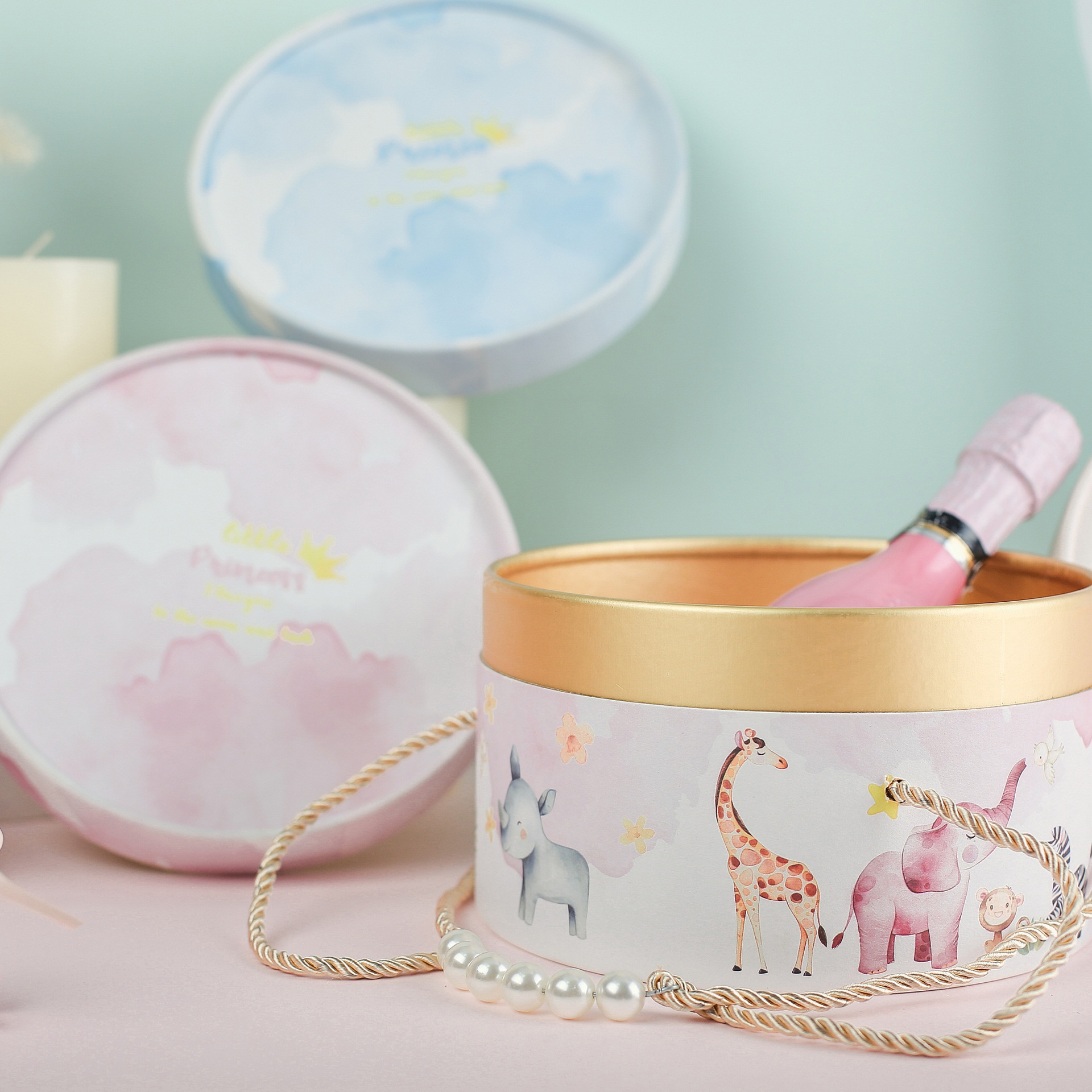 新款动物派对圆形珠子创意可爱ins风宝宝伴手礼空盒子蓝粉礼品盒