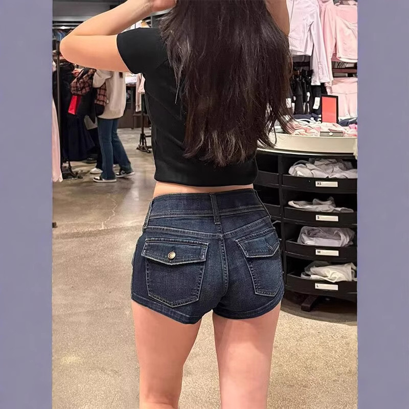 American Retro Hot Girl Low Waist Blue Gray Denim Shorts Women's Summer New Tight Hip Stretch Slimming Hot Pants
