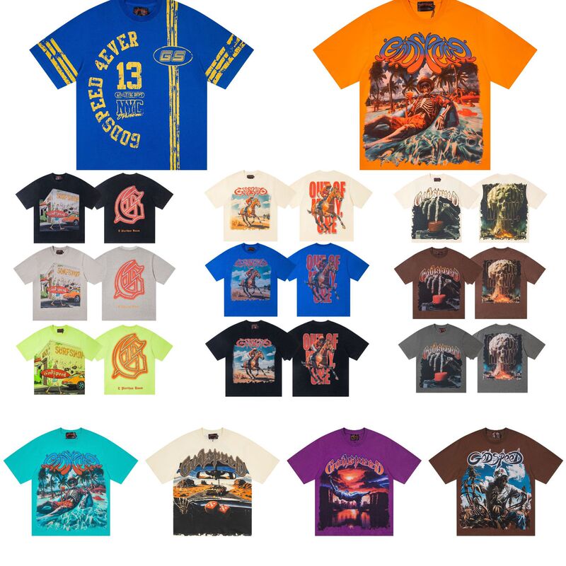 Cross-Border Foreign Trade Trendy Brand Godspeed Retro Print Hip-Hop High Street Rock Round Neck Short-Sleeved T-Shirt Loose and Casual