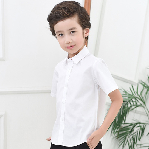 Boys' white shirt, short-sleeved pure cotton summer thin section, middle and large children, primary school uniforms, performance clothes, children's white shirt