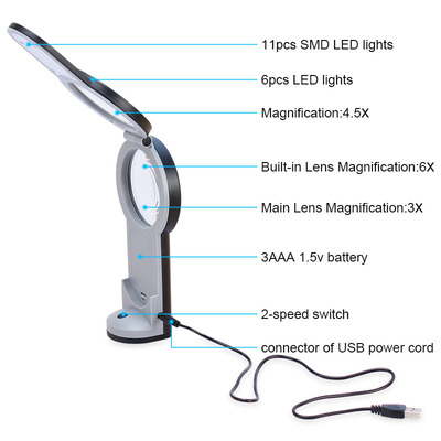 3X/4.5X/6X Adjustable Multiple Electronics magnifier Table lamp magnifier black goods in stock