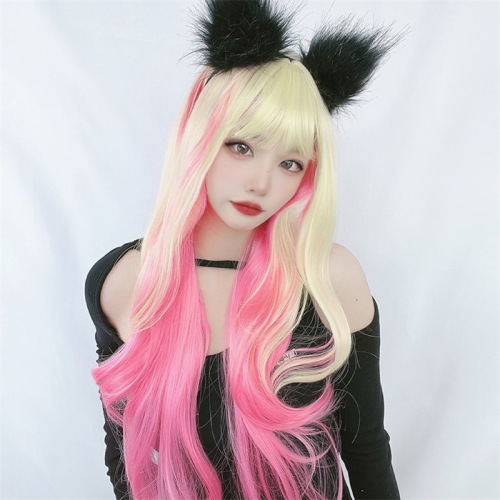 Cross-border e-commerce wig for women with big wavy golden gradient pink live broadcast source internet celebrity cute long curly hair full headgear