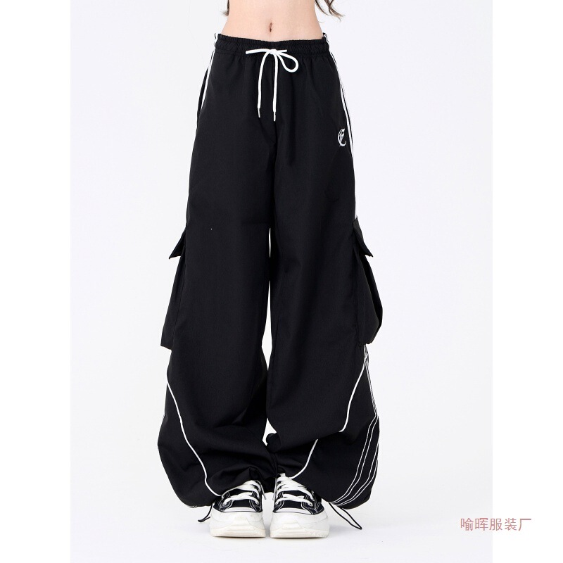 Street Dance Black Drawstring Wide-Leg Loose Casual Cargo Pocket Sweatpants for Women Spring Trendy Hip-Hop Floor-Length Pants