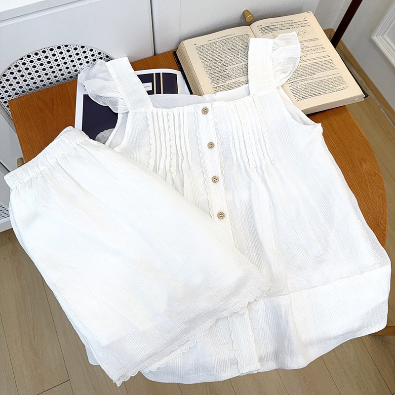 Korean-style Pajamas Women's Pure Cotton Cotton Sweet Ruffled Sleeveless Thin Sling Shorts Loose Home Clothes suit Women