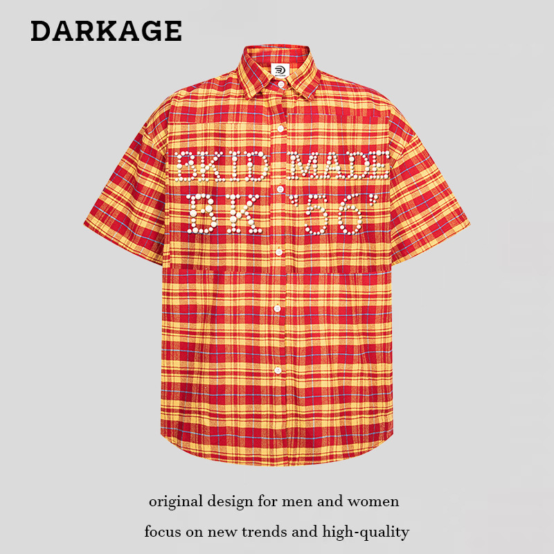 American Retro Beaded Plaid Shirt 2025 Spring New Couple Jacket Casual Versatile Loose Top for Men and Women