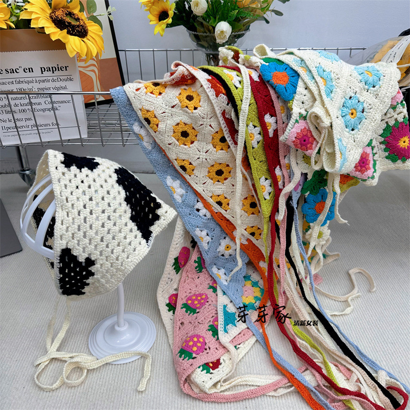 Francés vintage turbante primavera viaje dulce encantador gancho hueco flores artísticas estilo de tejido correa de pelo toalla triangular chica caliente