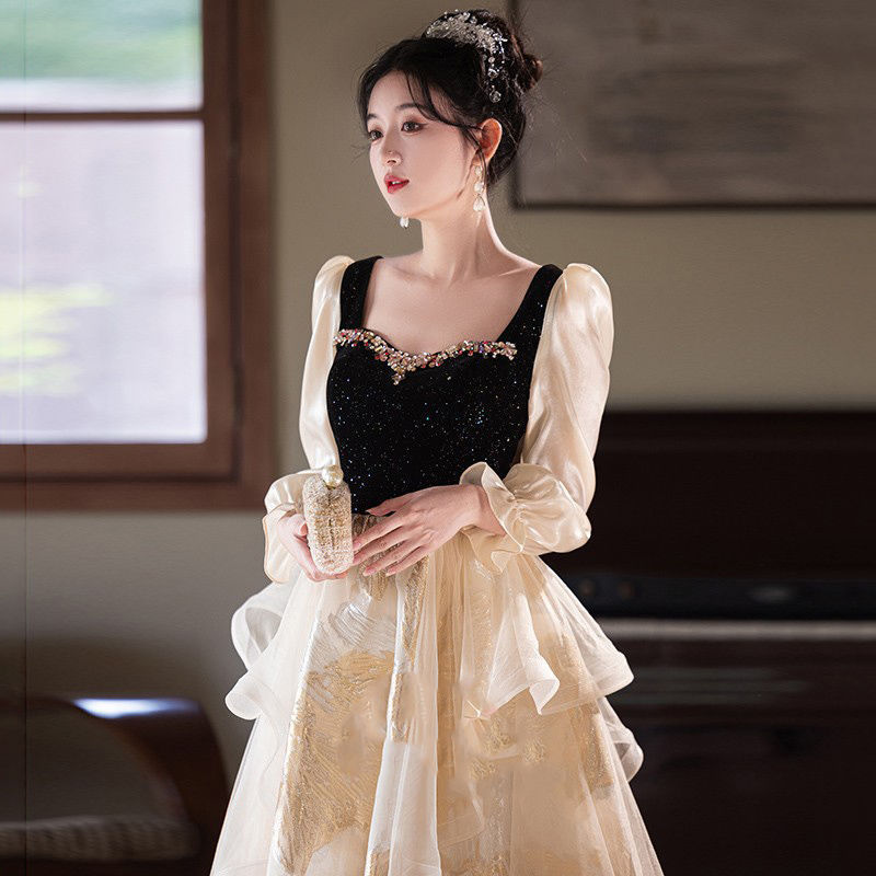Đầm dạ hội cổ vuông tay dài kiểu Pháp thanh lịch, phù hợp dẫn chương trình, chơi đàn piano — Màu như hình chi tiết 3