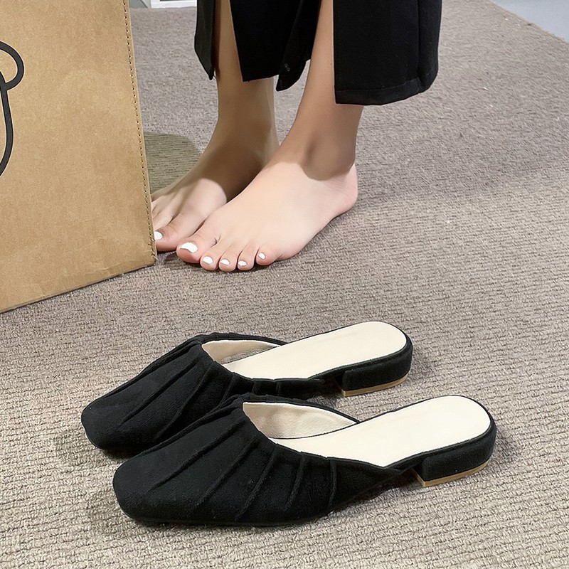 Baotou – pantoufles britanniques confortables à semelle basse et épaisse pour femmes, vêtements d'extérieur à la mode, petites pantoufles carrées pliables, nouvelle collection_voghion.com