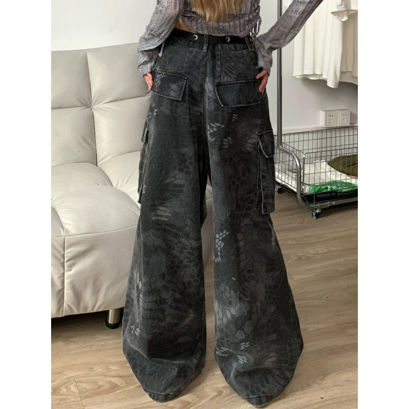 アメリカンレトロな大きいサイズのウェイストランドスタイルの女性用スネークプリントワークジーンズ、ストリートヒップホップマルチポケットストレートロングパンツトレンディ|undefined