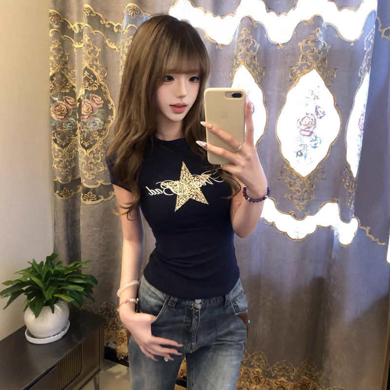 American-Style Spicy Girl Five-Pointed Star Leopard Print Embroidered Short-Sleeve T-Shirt for Women, Summer Sweet Cool High Street Slim Fit Shoulder-Baring Top American-Style Spicy Girl Five-Pointed Star Leopard Print Embroidered Short-Sleeve T-Shirt for Women, Summer Sweet Cool High Street Slim Fit Shoulder-Baring Top