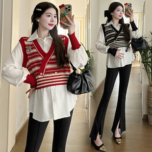 Real shot 2024 color matching Internet famous spring and autumn new knitted pregnant women's top fashion shirt collar pregnant women's T-shirt