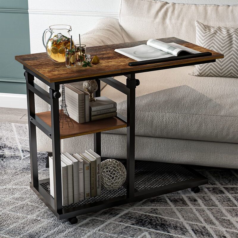 Factory Direct Sales Adjustable C Table with Wheels, Rolling Side Table with Tilting Plate Mobile Sofa Snack Table