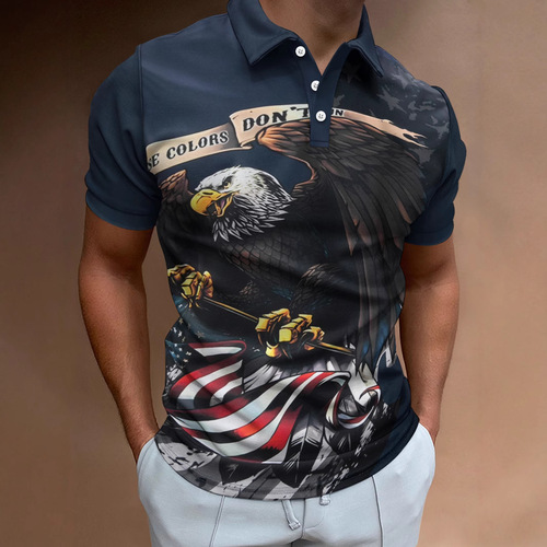 New Men's European and American Polo Shirt with Collar, Eagle Short-Sleeve T-Shirt, Fashion Personalized Print Streetwear Top