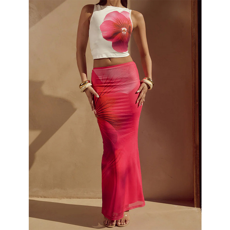 European and American Cross-Border Women's Clothing New Style Sexy Hot Girl Style Floral Print Crop Top Mesh Fishtail Skirt Long Skirt Set
