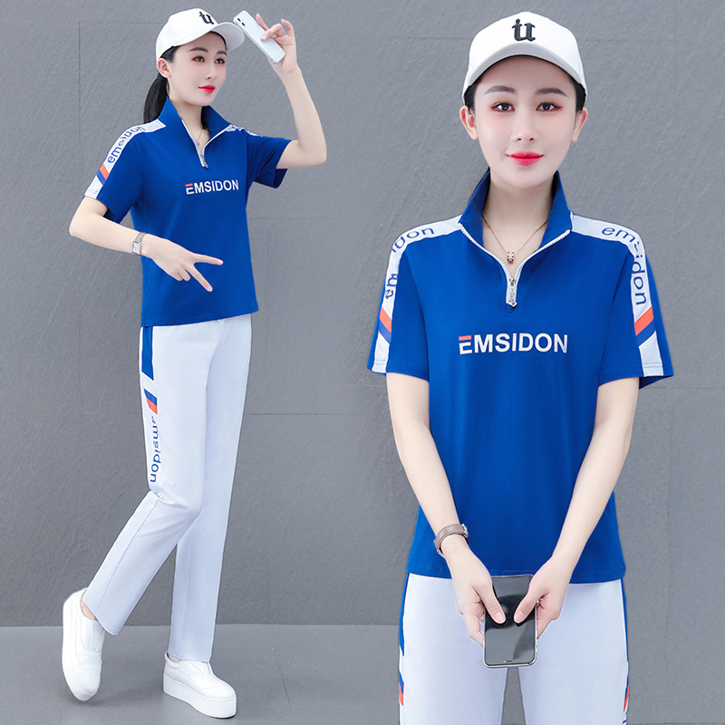 純綿ストレッチプリントファッションカジュアルスポーツスーツ女性の夏のスタンドカラーグループ購入スクエアダンス衣装 2 点セット|undefined