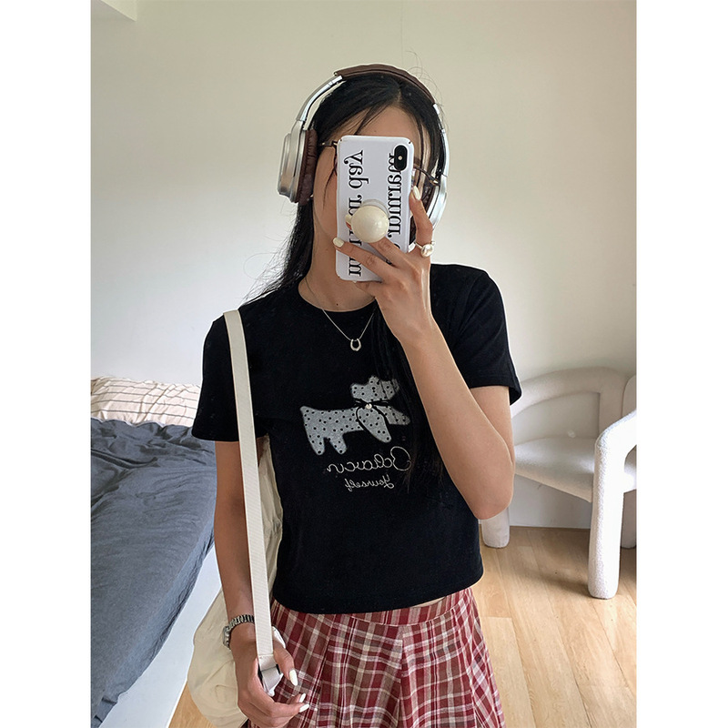 Guangzhou Huang Zheng Korean Style Clothing Summer Right Shoulder T-Shirt New Style Fashionable Puppy Super Nice Top 520675