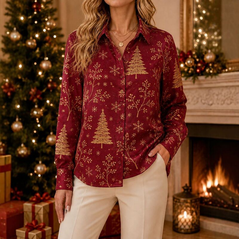New autumn and winter women's Santa Claus long-sleeve Christmas red holly leaf bow print shirt cross-border supply New autumn and winter women's Santa Claus long-sleeve Christmas red holly leaf bow print shirt cross-border supply
