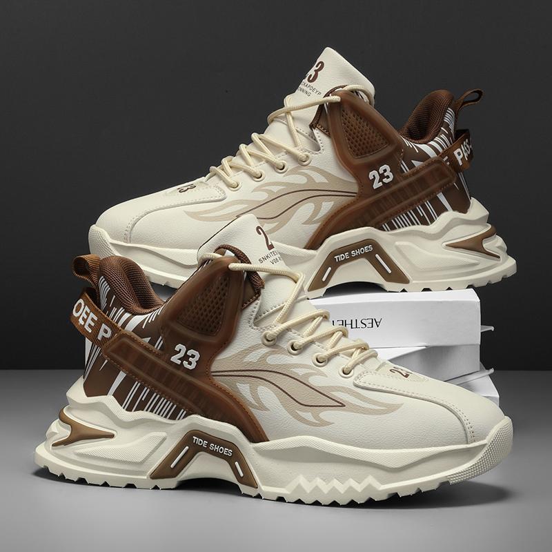 진장 남자 신발 가을과 겨울 새로운 하이 탑 두꺼운 밑창 운동화 학생 가죽 달리기 농구 신발 라이브 플러스 사이즈 트렌디 한 신발