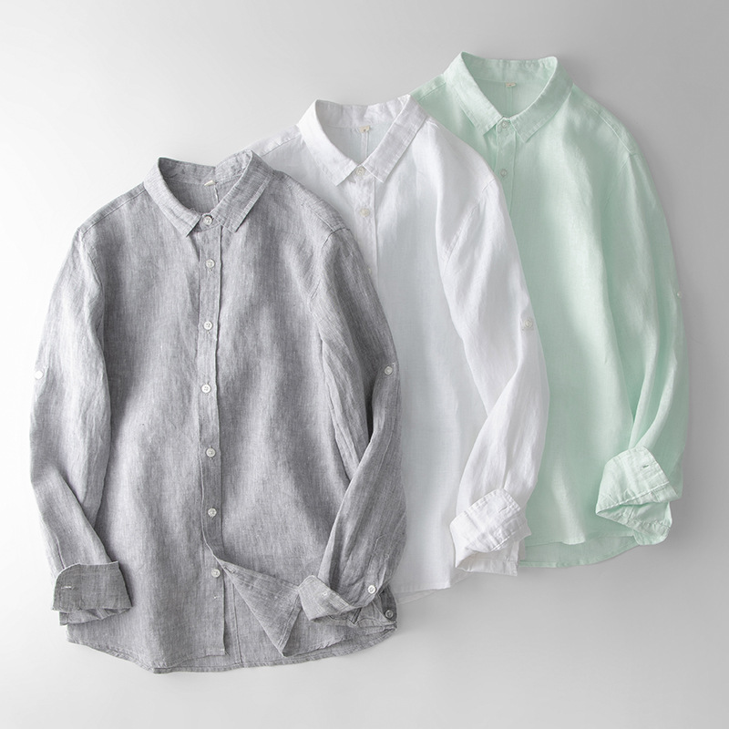 Ropa de primavera y otoño de los hombres camisa de lino puro estilo chino camisa de cuello cuadrado pequeño casual fábrica de los hombres entrega de una sola pieza 001