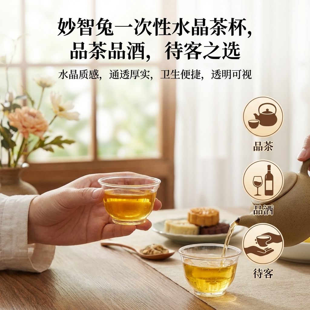 Disposable Kung Fu Small Tea Cup 60ml High-End Hard Plastic Cup Wine Cup Household Dust-Proof Storage Cup Holder Transparent