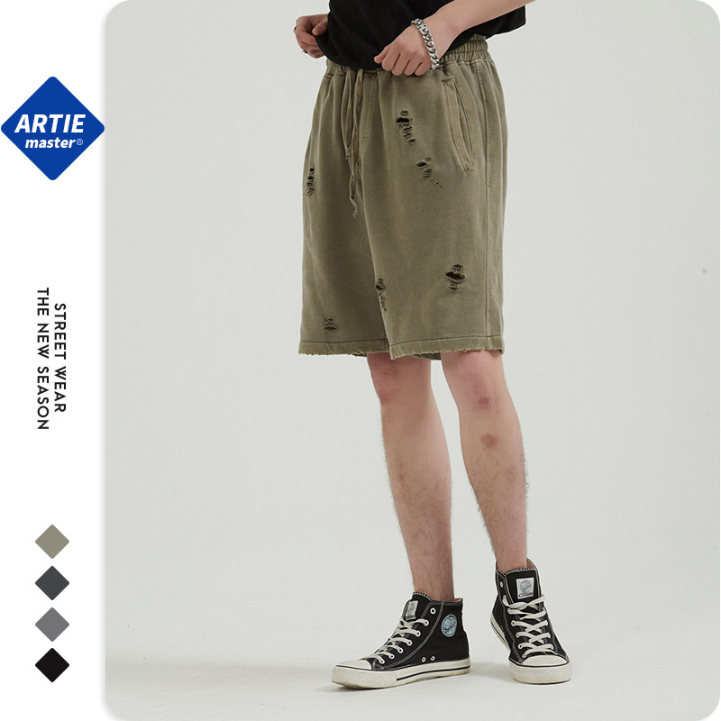 ARTIE ropa de hombre | Estilo de calle europeo y americano lavado pesado apenado pantalones cortos sueltos marca de moda de los hombres corte retro shorts