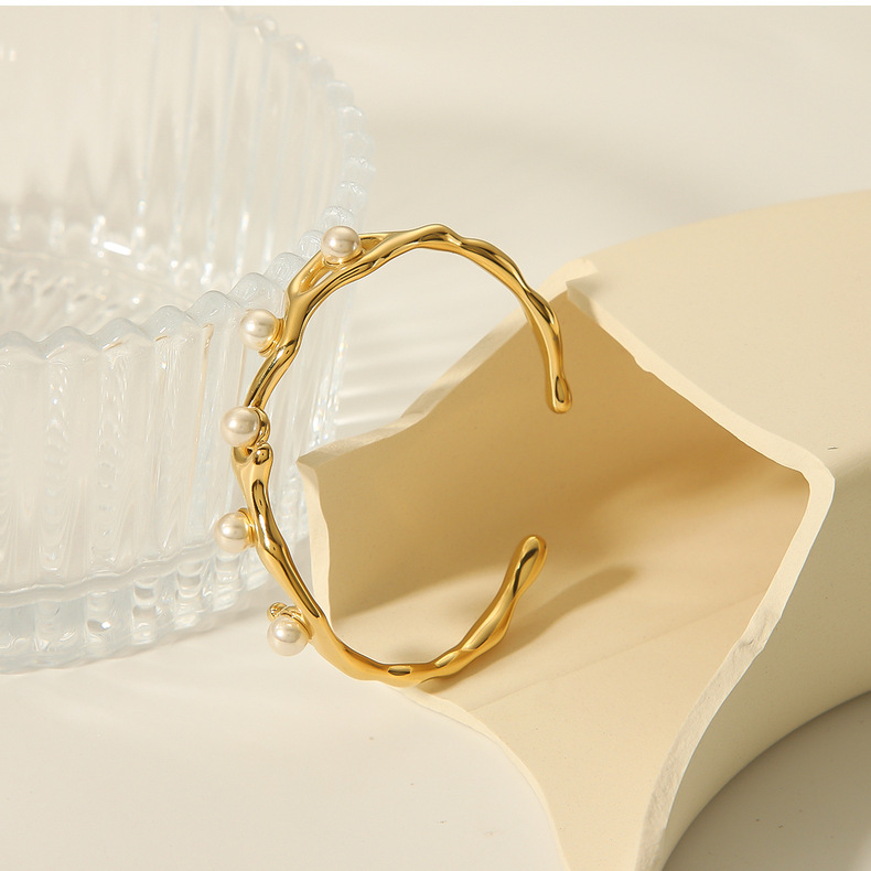 Acier Inoxydable Plaqué Or 18K Style IG Géométrique Incruster Perles Artificielles Bracelet display picture 4