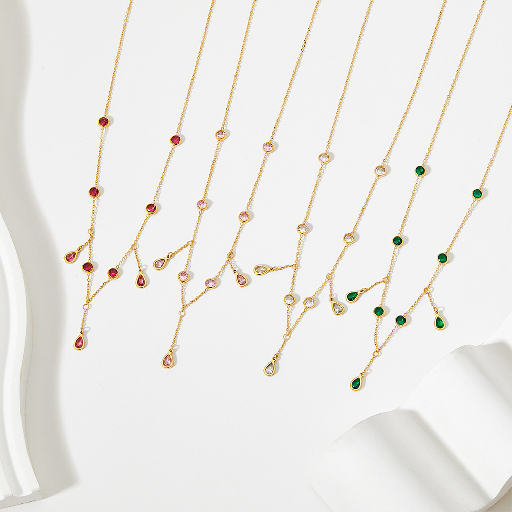 Sweet Water Droplets Titanium Steel Inlay Zircon Necklace_colorza_3