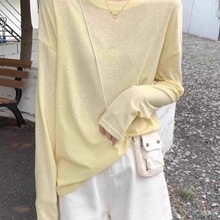 黄色圆领冰丝长袖恤女2025春夏季宽松慵懒松弛感防晒衫薄纱上衣