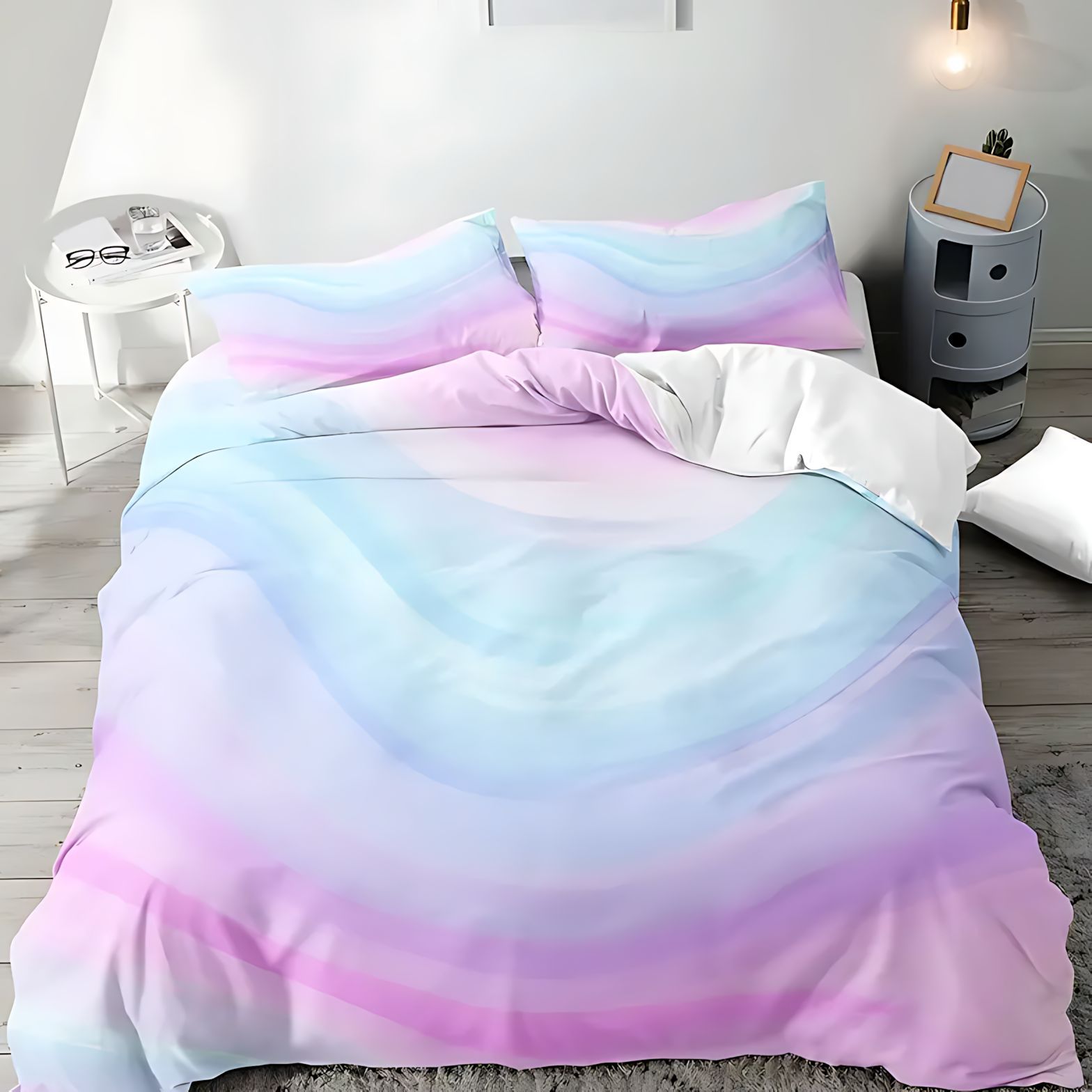 TEMU / JIT transfronterizo multicolor arco iris gradiente impresión digital 3D esponjosa colcha de cama set