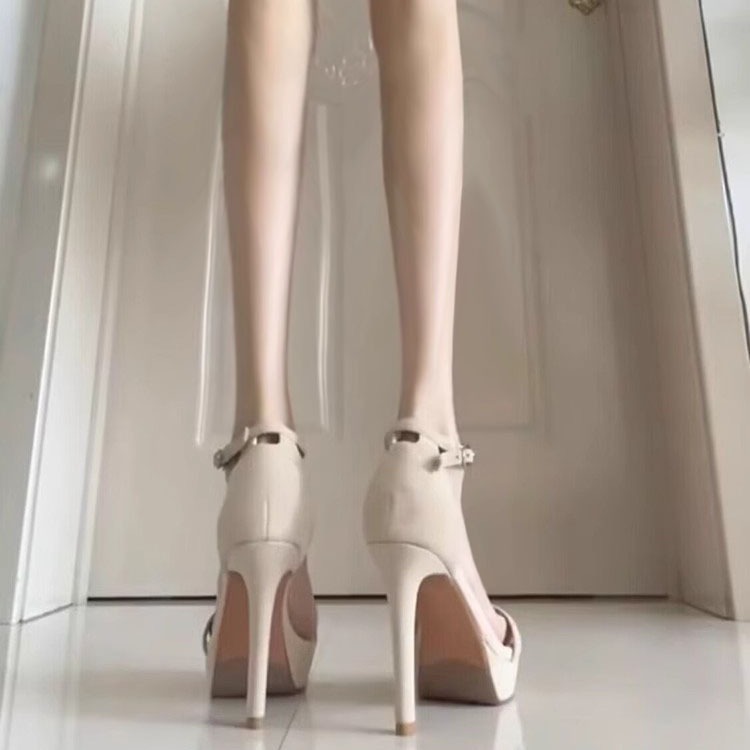 2024年新款夏季专柜同款高跟鞋一字带扣10cm细跟裸色防水台凉鞋女