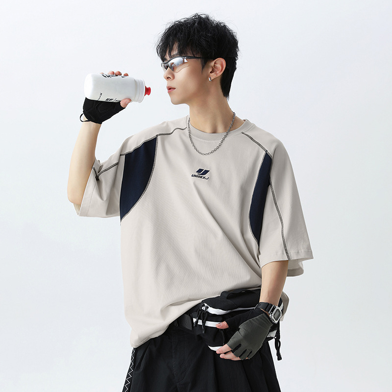 Vintage Embroidered Cotton Short-sleeved T-shirt Men's Summer New Contrast Color Open Line Stitching Design American Style Trendy Brand T-shirt