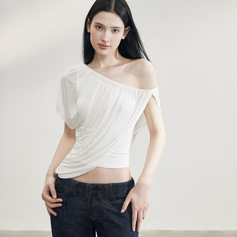 High-Quality Asymmetrical Ruched Faux Two-Piece T-Shirt for Women, Slim-Fit Design, Stretchy and Breathable Knit Top