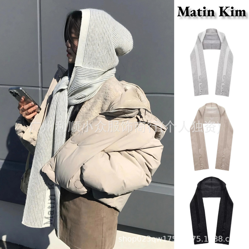 Spot Korean Matin Kim Scarf Autumn and Winter New Letter Stripesd Warm Alpaca Mk Hooded Scarf for Women