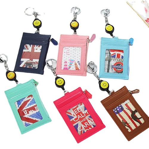 Creative leather card holder with large capacity card holder, bus card retractable card holder with zipper coin purse and keychain