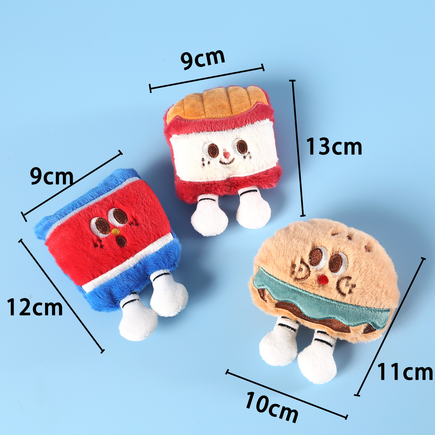 Mascotas gatos dibujos animados juguetes de peluche construidos gatos menta campana muñeca hamburguesas Coca-Cola caja de chips