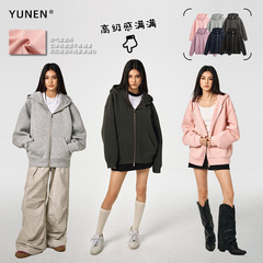 Yunen 春と秋のヘビーエアレイヤーフード付きカーディガンスウェットシャツ男性と女性のためのダブルジッパーレトロルーズカジュアルトップ